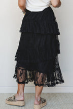 Black Tiered Lace Midi Skirt