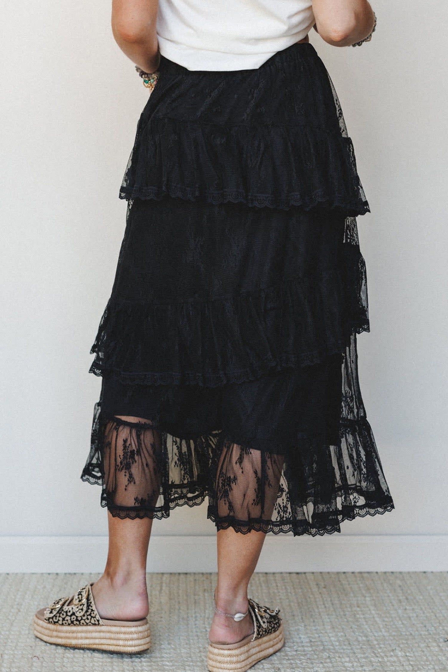 Black Tiered Lace Midi Skirt