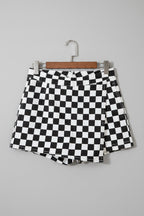 Checkerboard Wrap-Front Denim Shorts