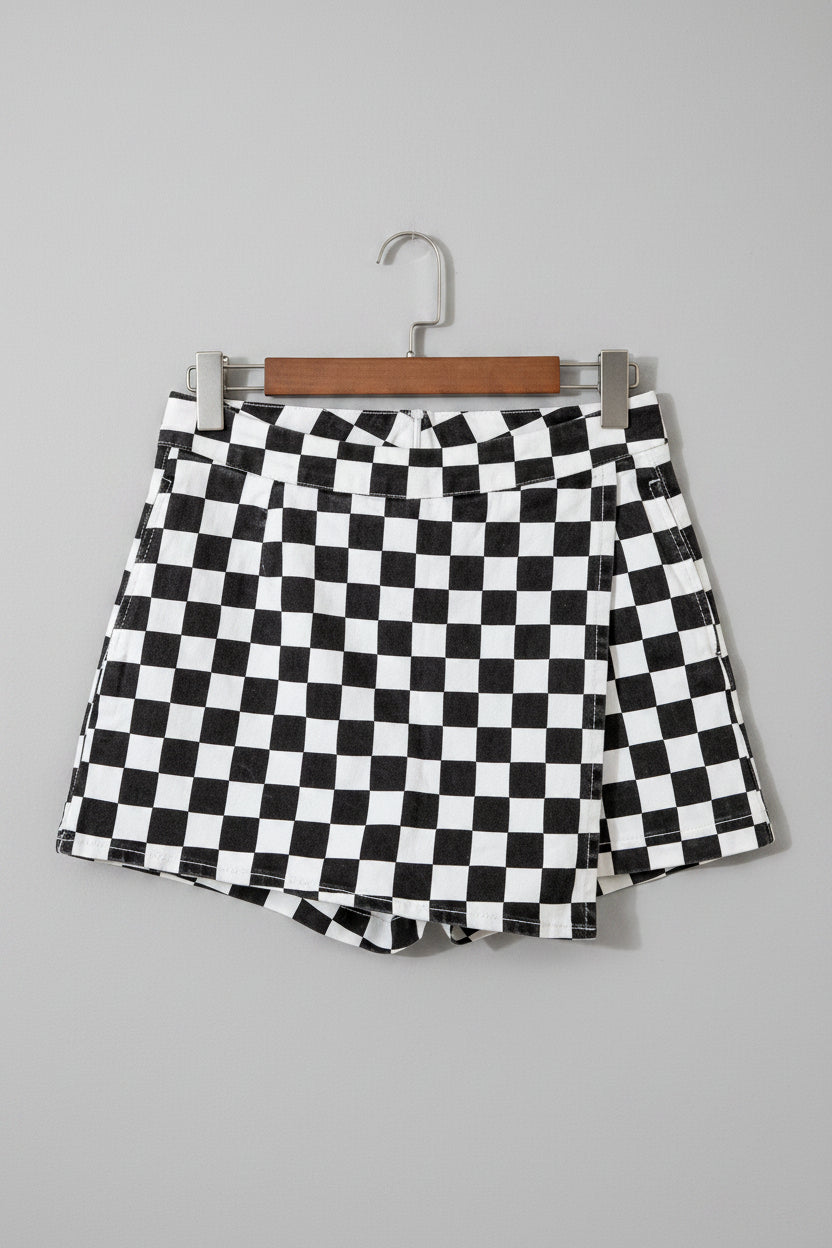 Checkerboard Wrap-Front Denim Shorts