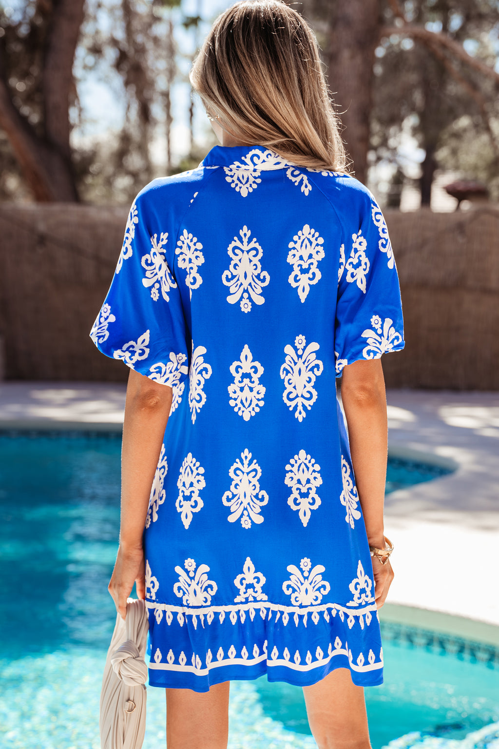 Royal Blue Damask Print Shirt Dress