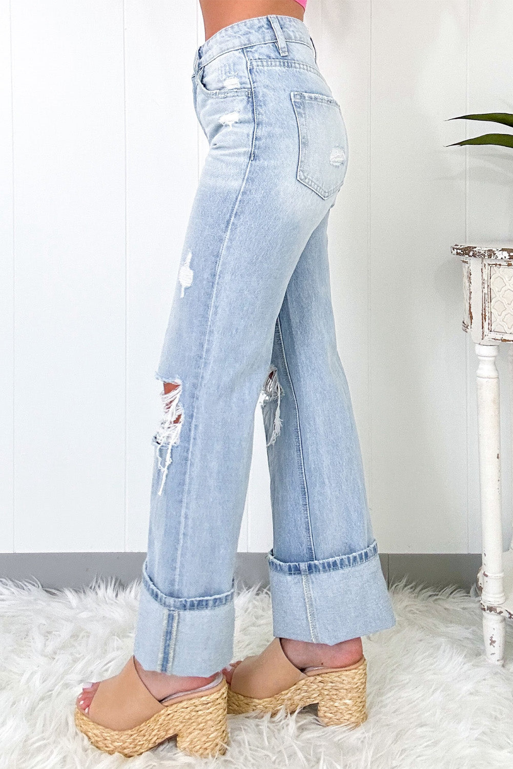 Light Wash Distressed Straight Leg Jeans