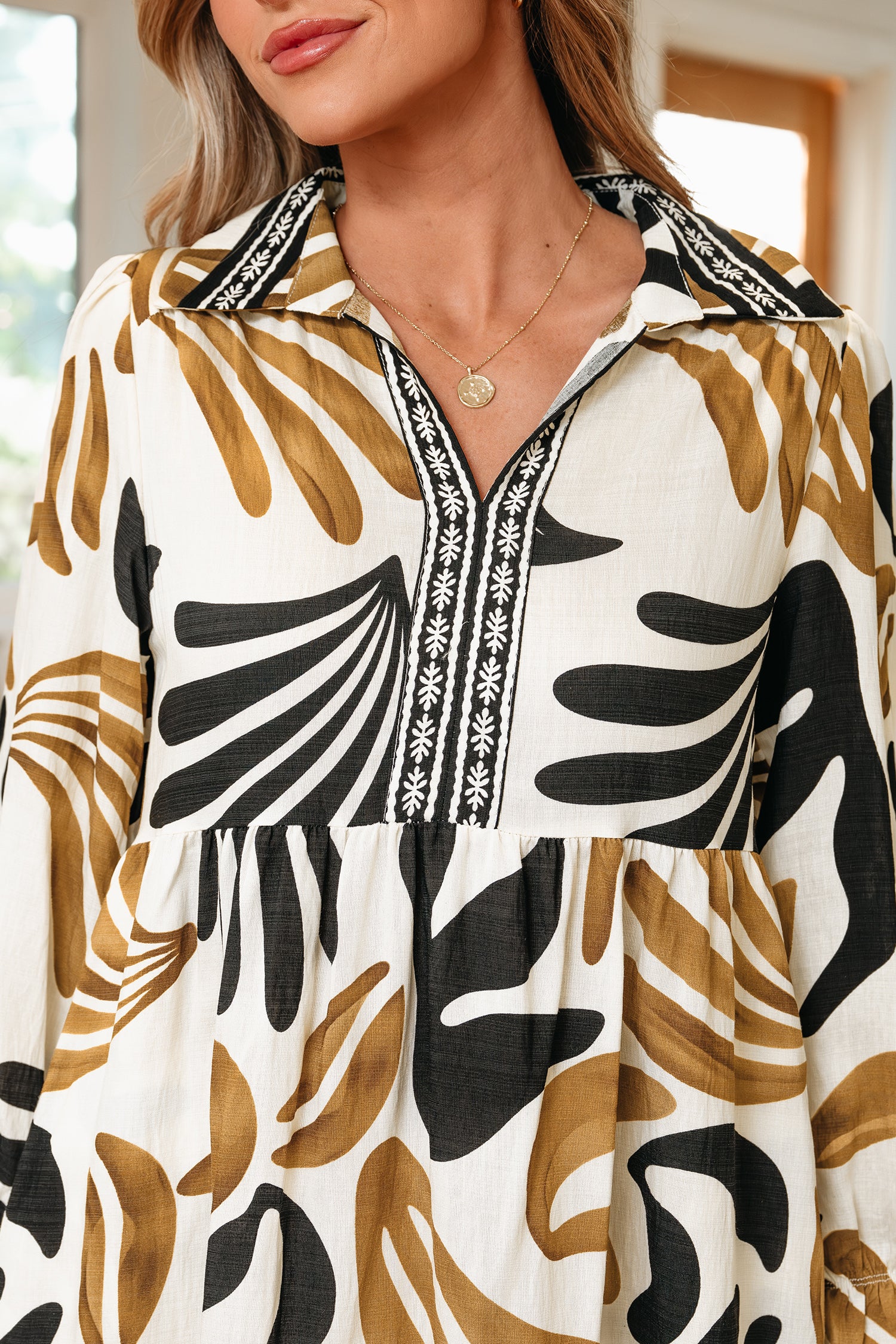 Camel Palm Print Midi Dress
