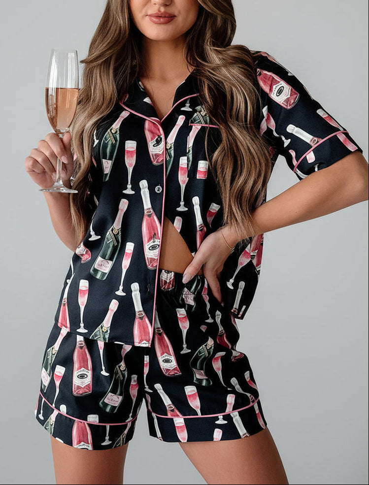 Black Champagne Print Short Pyjama Set