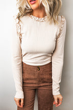 Vanilla Ruffle Trim Ribbed Long Sleeve Top