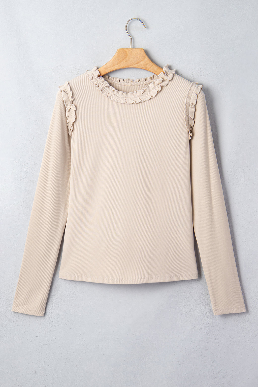 Vanilla Ruffle Trim Ribbed Long Sleeve Top