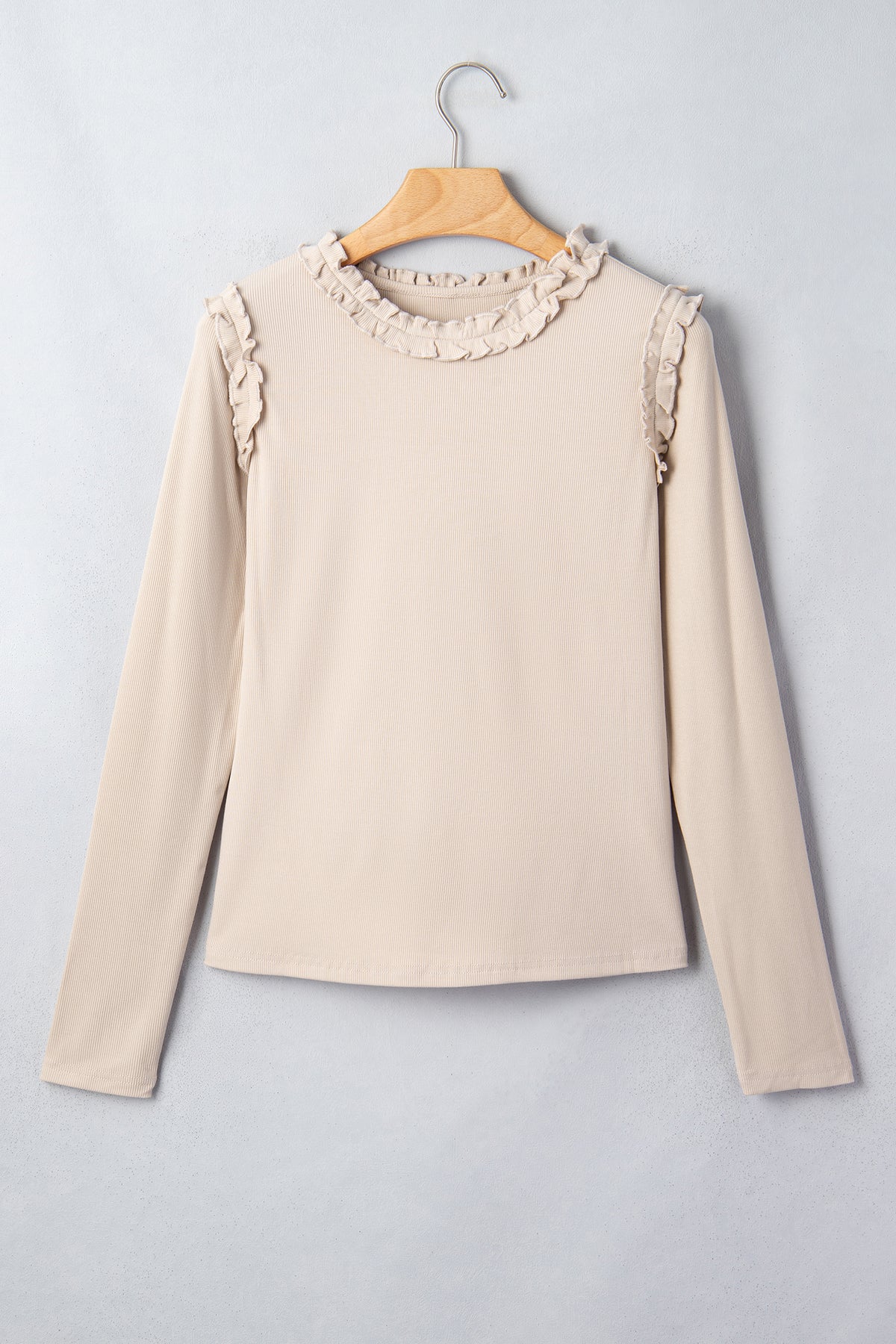 Vanilla Ruffle Trim Ribbed Long Sleeve Top