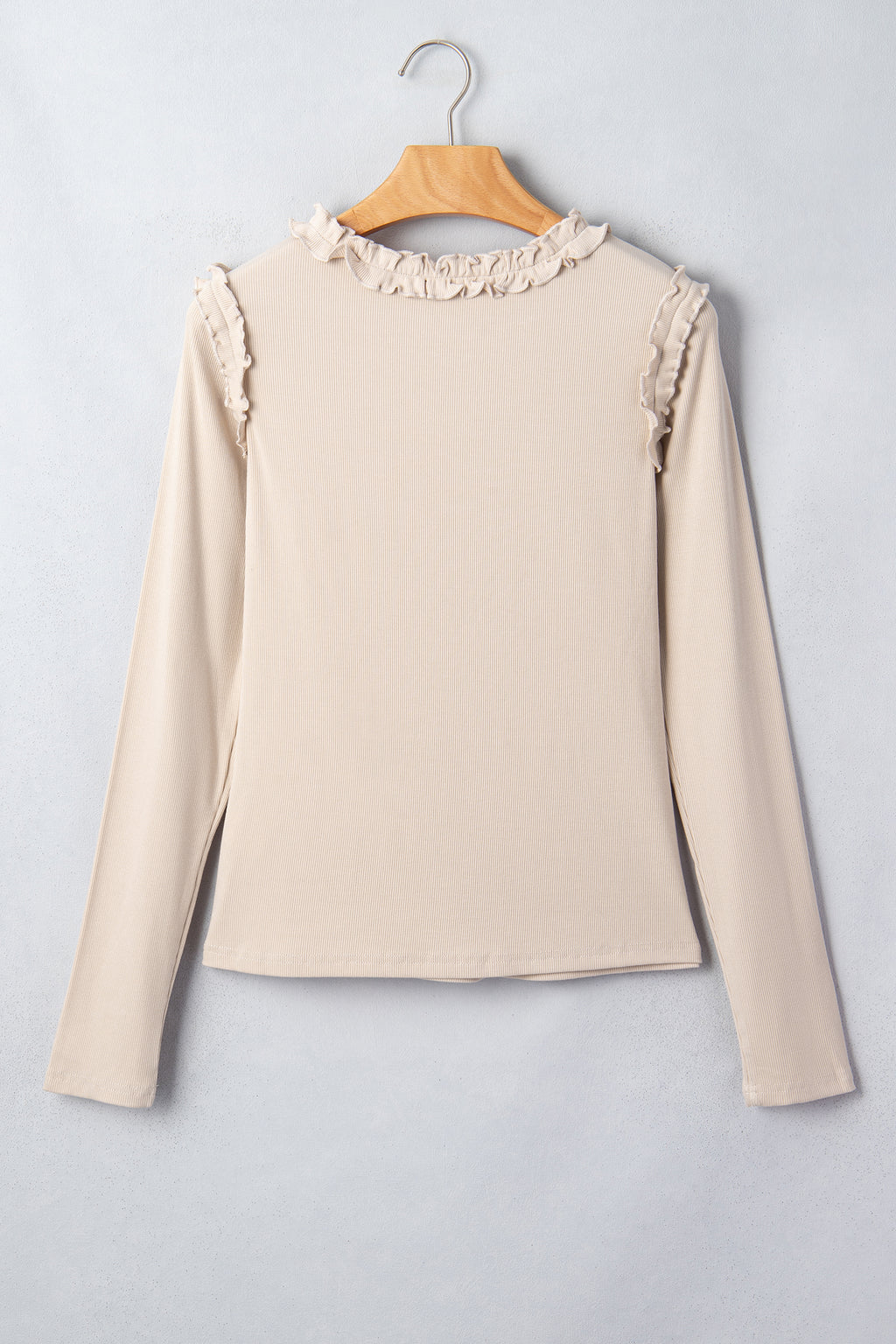 Vanilla Ruffle Trim Ribbed Long Sleeve Top