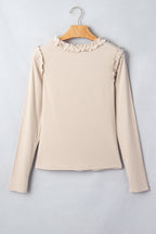 Vanilla Ruffle Trim Ribbed Long Sleeve Top