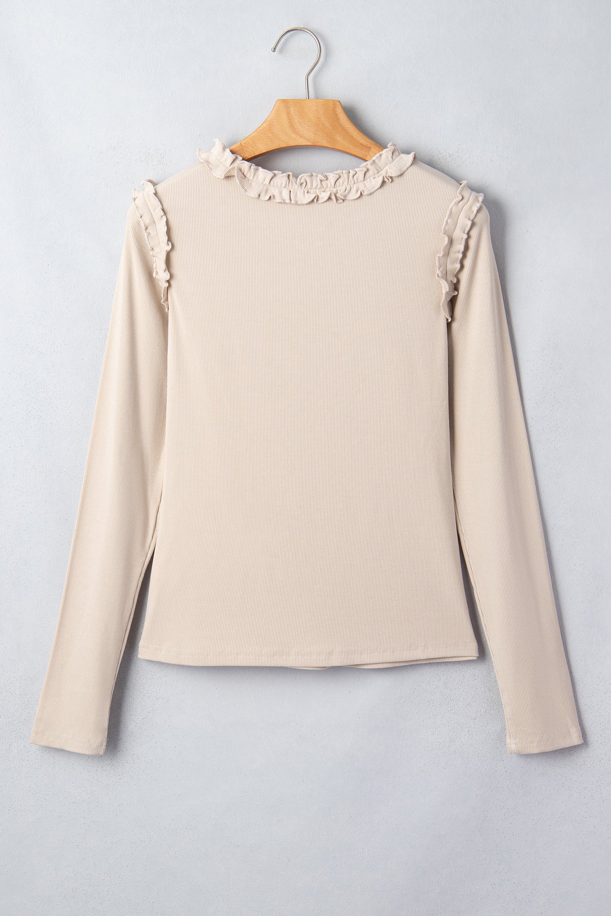 Vanilla Ruffle Trim Ribbed Long Sleeve Top