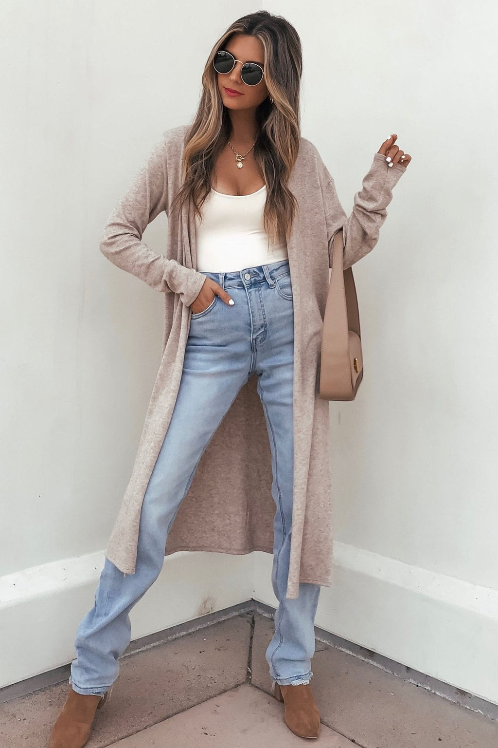 Oatmeal Open Front Longline Cardigan