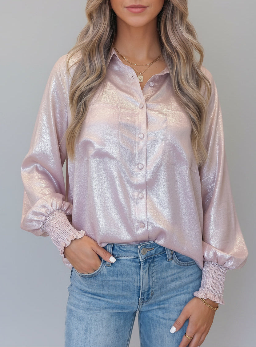 Blush Shimmer Smocked Cuff Shirt