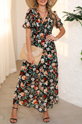 Black Floral Ruffle Trim Maxi Dress