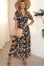Black Floral Ruffle Trim Maxi Dress