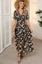 Black Floral Ruffle Trim Maxi Dress