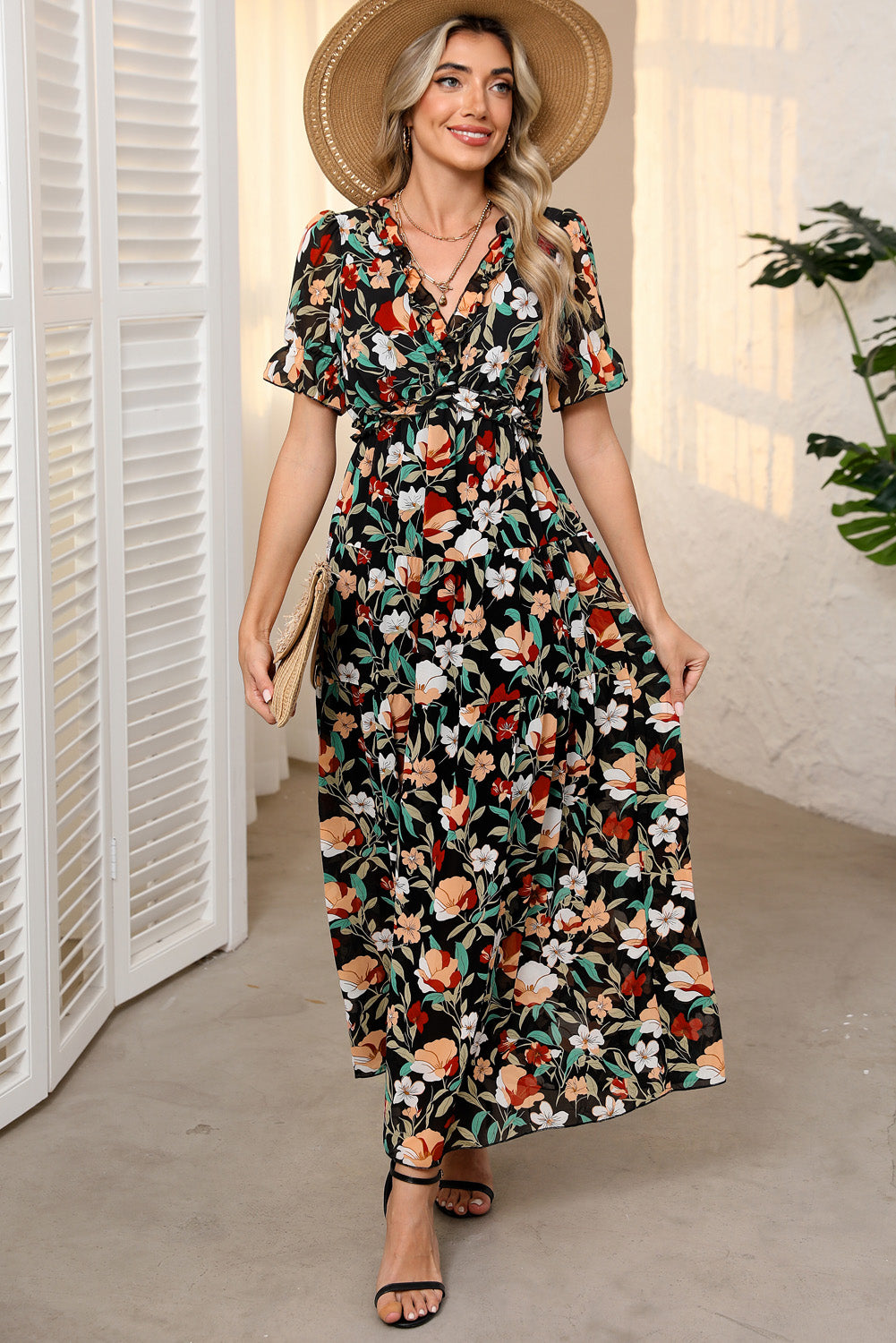 Black Floral Ruffle Trim Maxi Dress