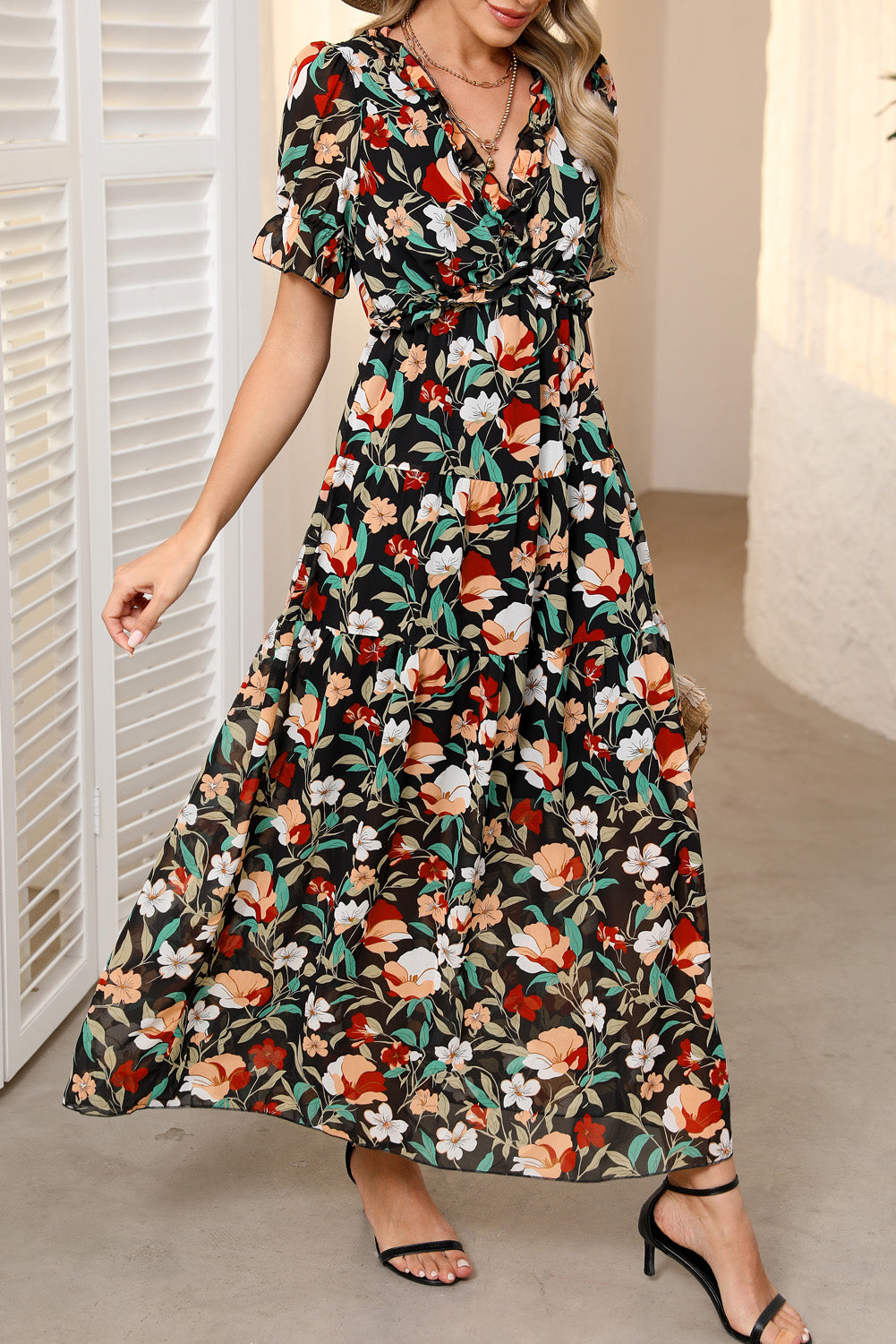 Black Floral Ruffle Trim Maxi Dress