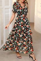 Black Floral Ruffle Trim Maxi Dress