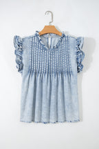 Light Wash Pintuck Ruffle Denim Top