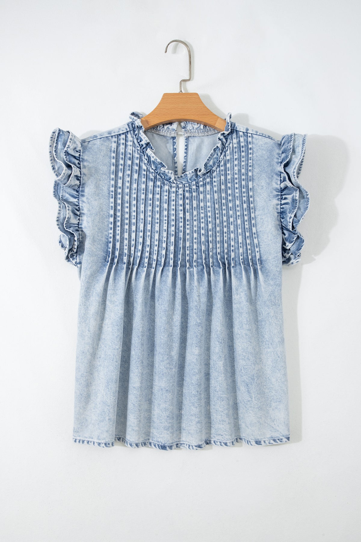 Light Wash Pintuck Ruffle Denim Top