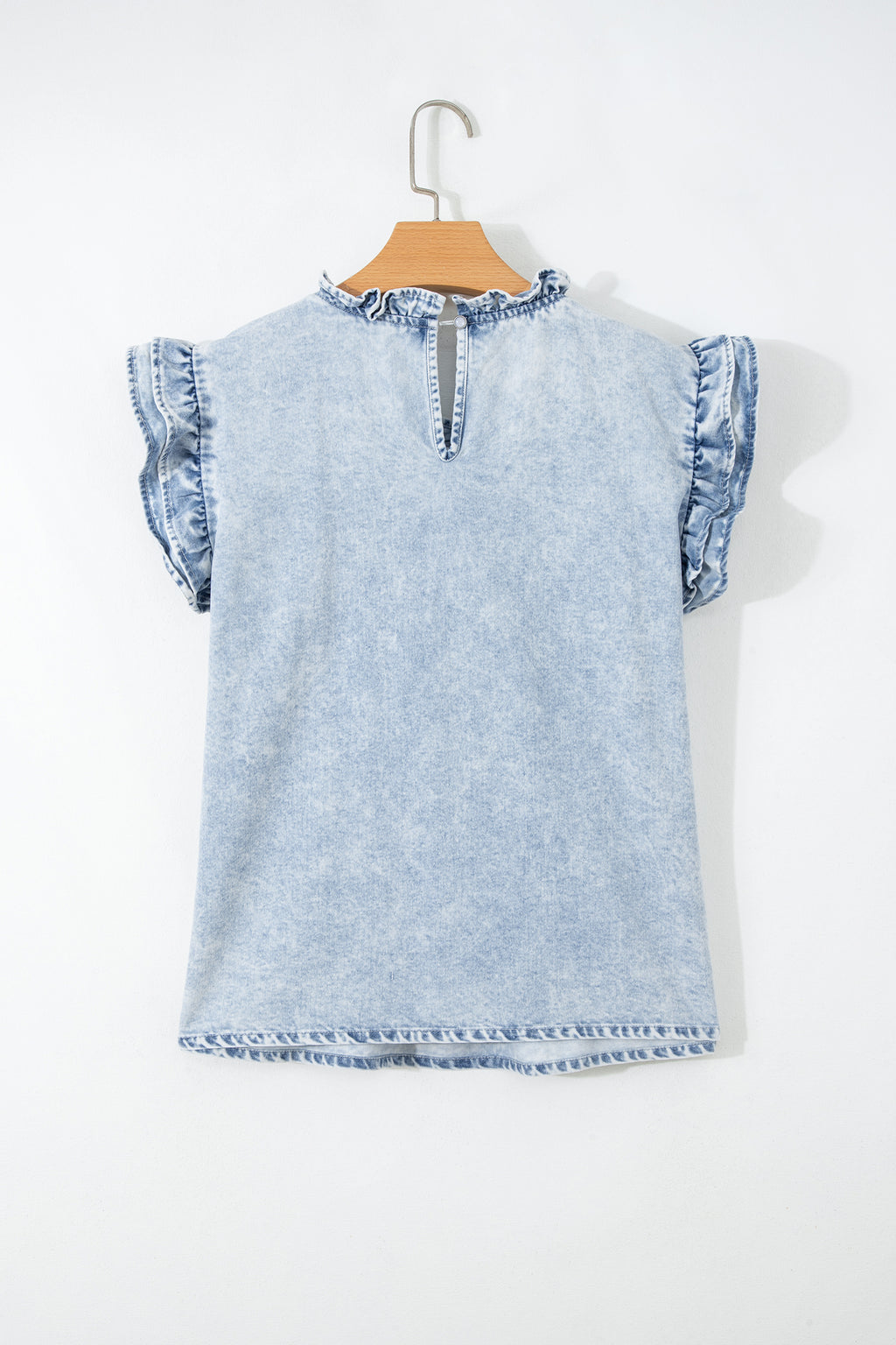 Light Wash Pintuck Ruffle Denim Top