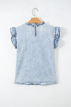 Light Wash Pintuck Ruffle Denim Top