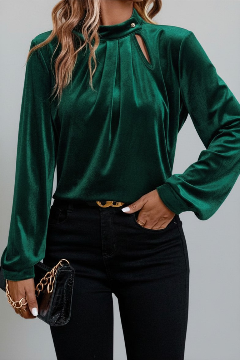 Velvet Keyhole Long Sleeve Blouse