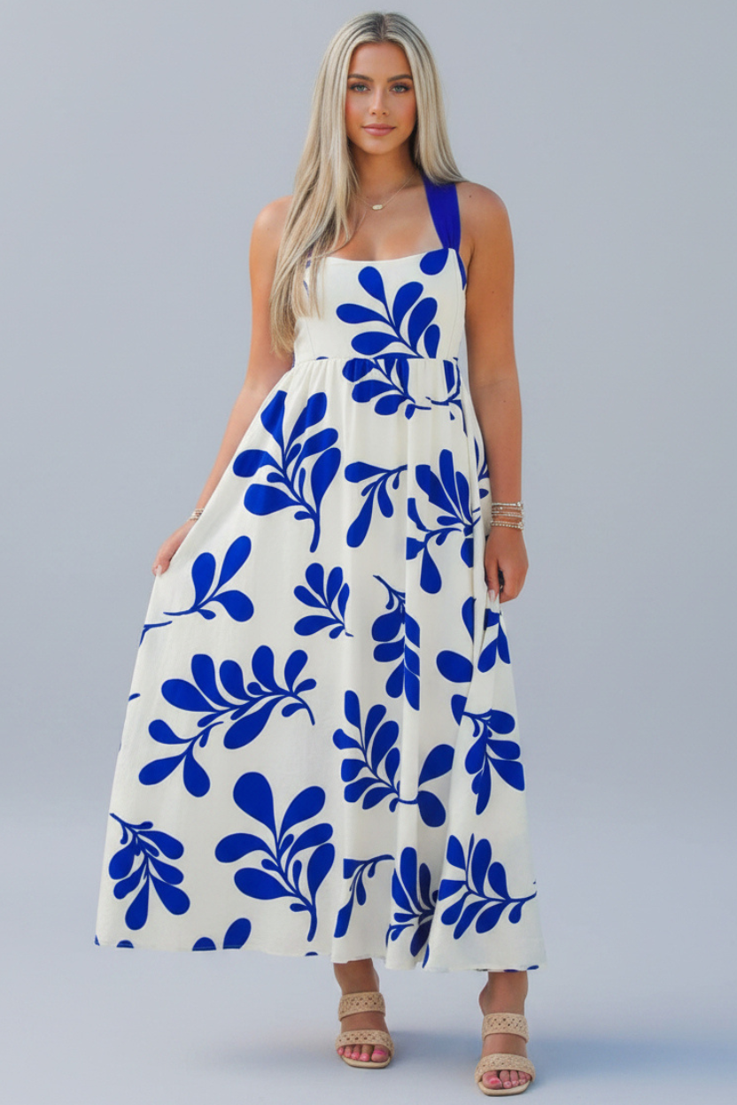 Blue and White Botanical Print Maxi Dress