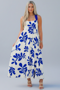 Blue and White Botanical Print Maxi Dress