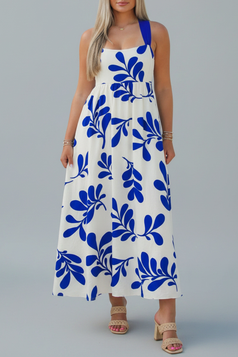 Blue and White Botanical Print Maxi Dress
