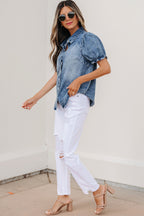 Mid Wash Puff Sleeve Denim Shirt