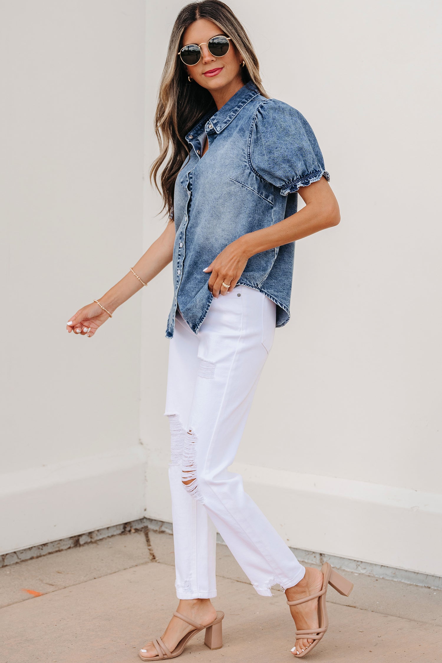 Mid Wash Puff Sleeve Denim Shirt