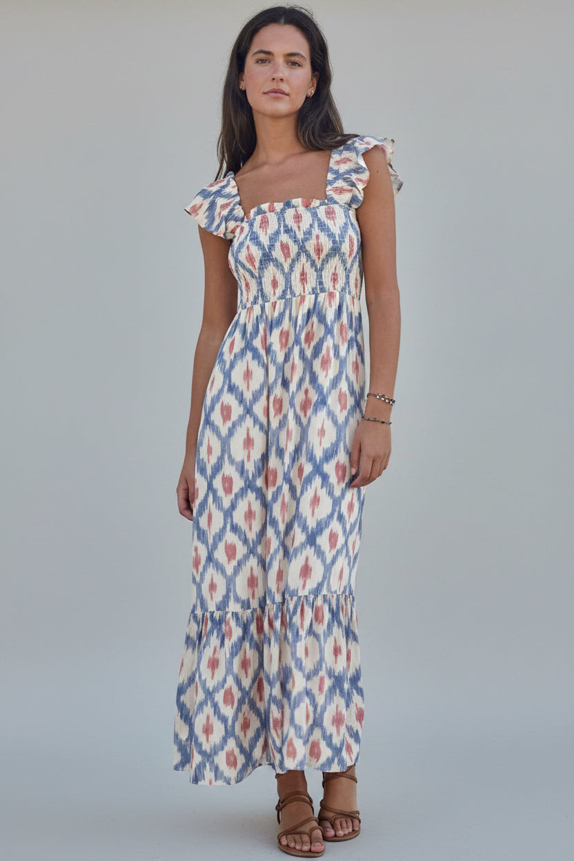 Santorini Ikat Smocked Maxi Dress