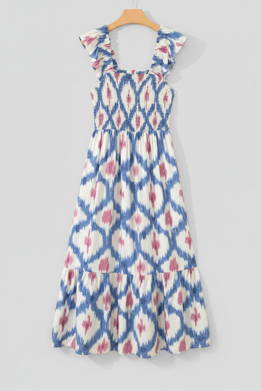 Santorini Ikat Smocked Maxi Dress