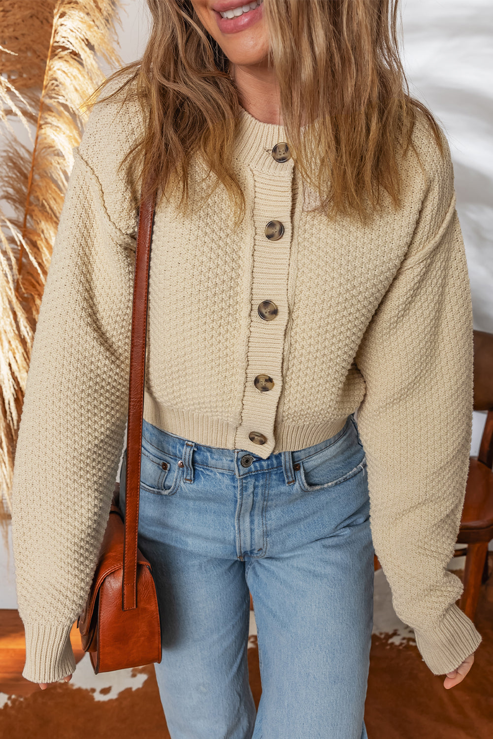 Vanilla Button-Front Cropped Knit Cardigan