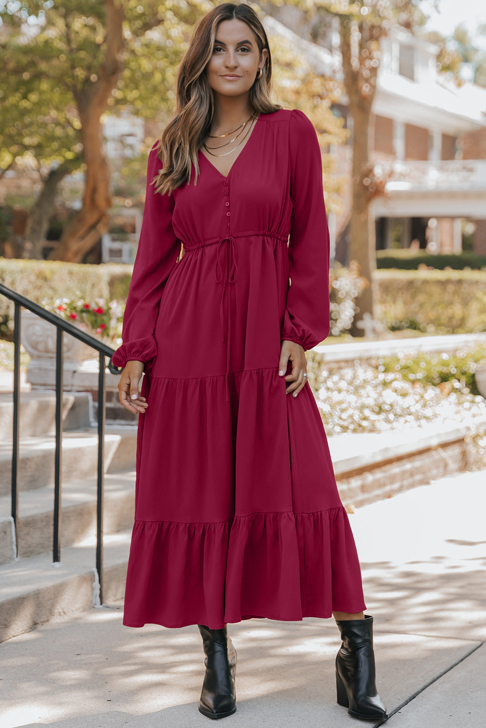 Cranberry Tiered Drawstring Maxi Dress