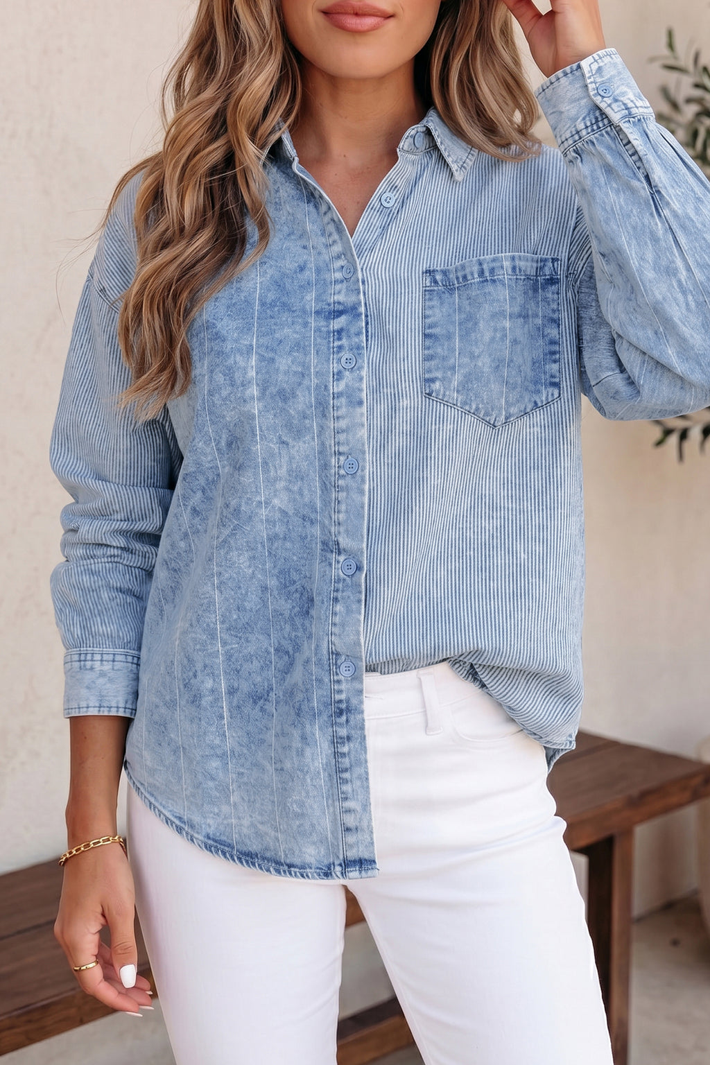 Light Wash Contrast Stripe Denim Shirt