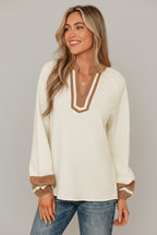 Cream Contrast Trim V-Neck Blouse