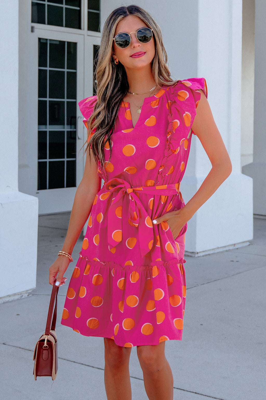 Fuchsia Polka Dot Belted Dress