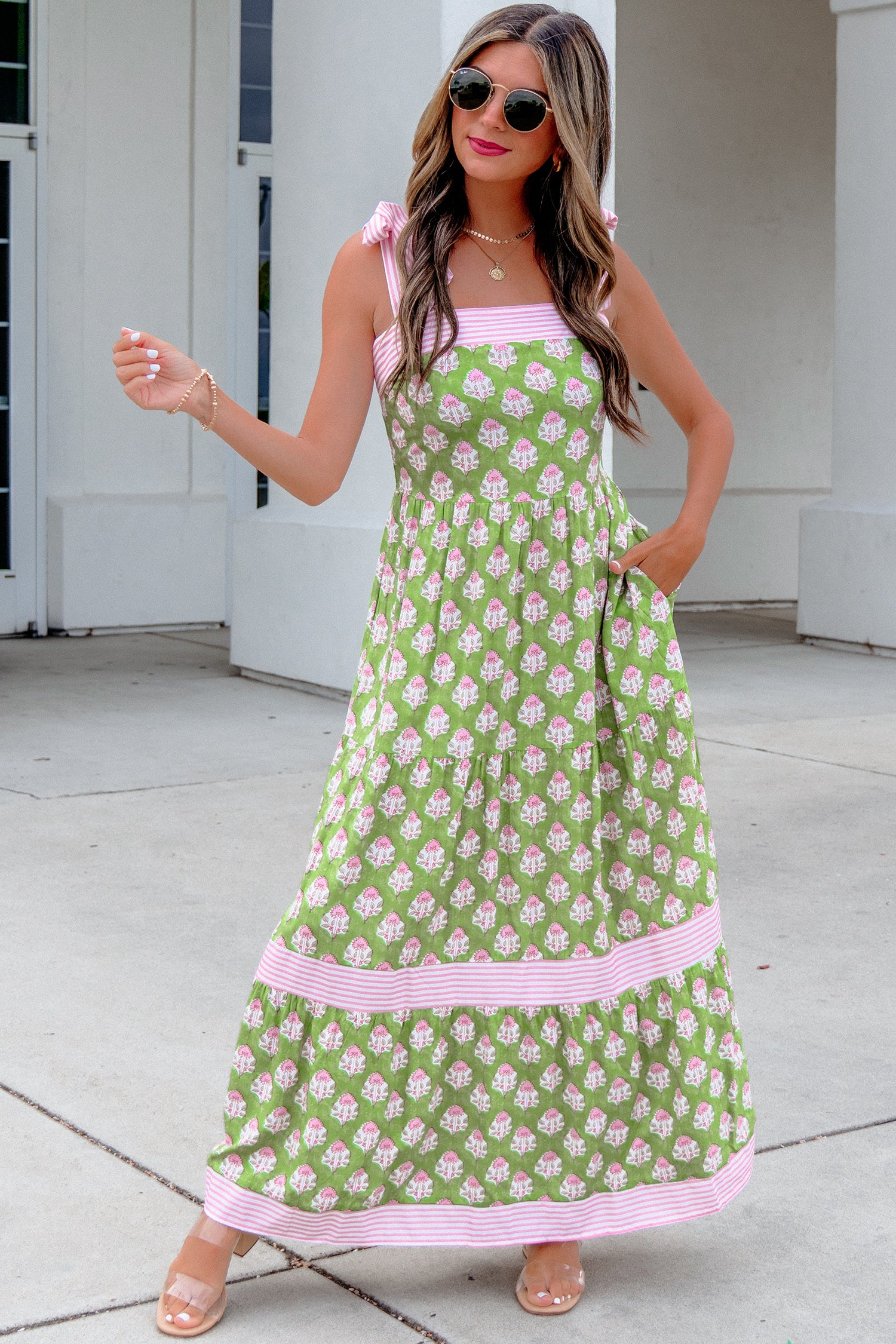 Green and Pink Block Print Maxi Dress