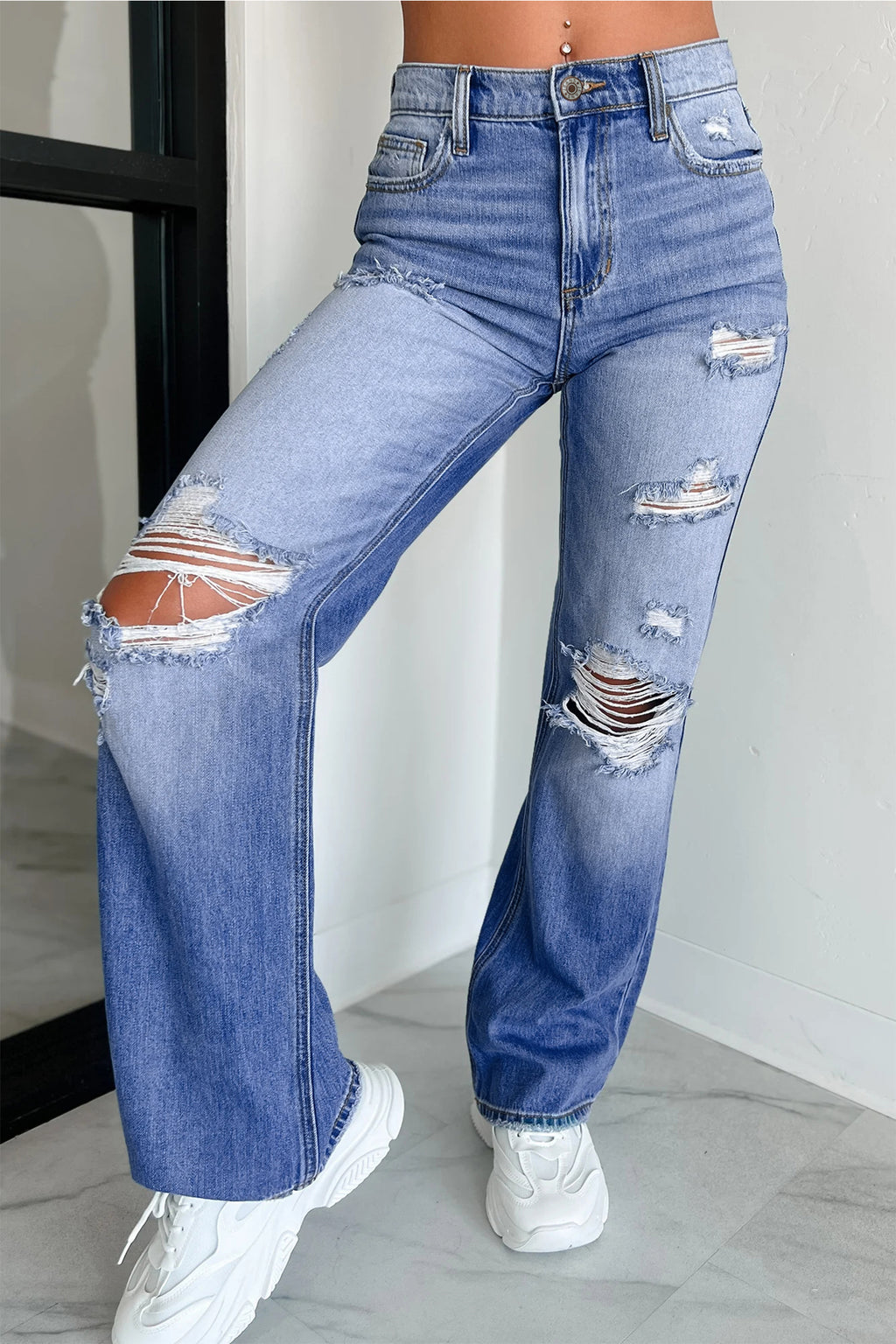 Mid-Wash Distressed Straight-Leg Jeans