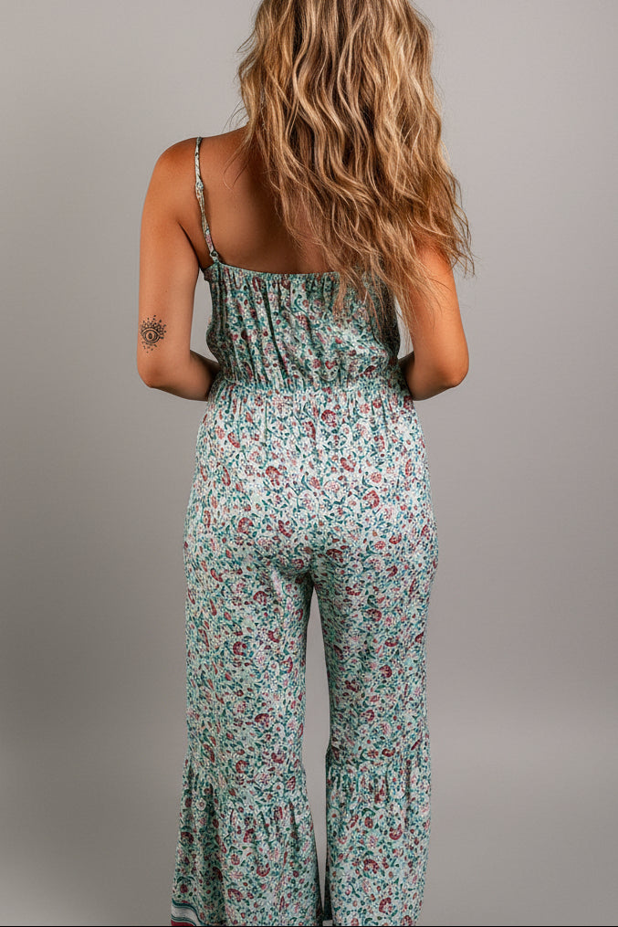 Mint Boho Floral Wide-Leg Jumpsuit