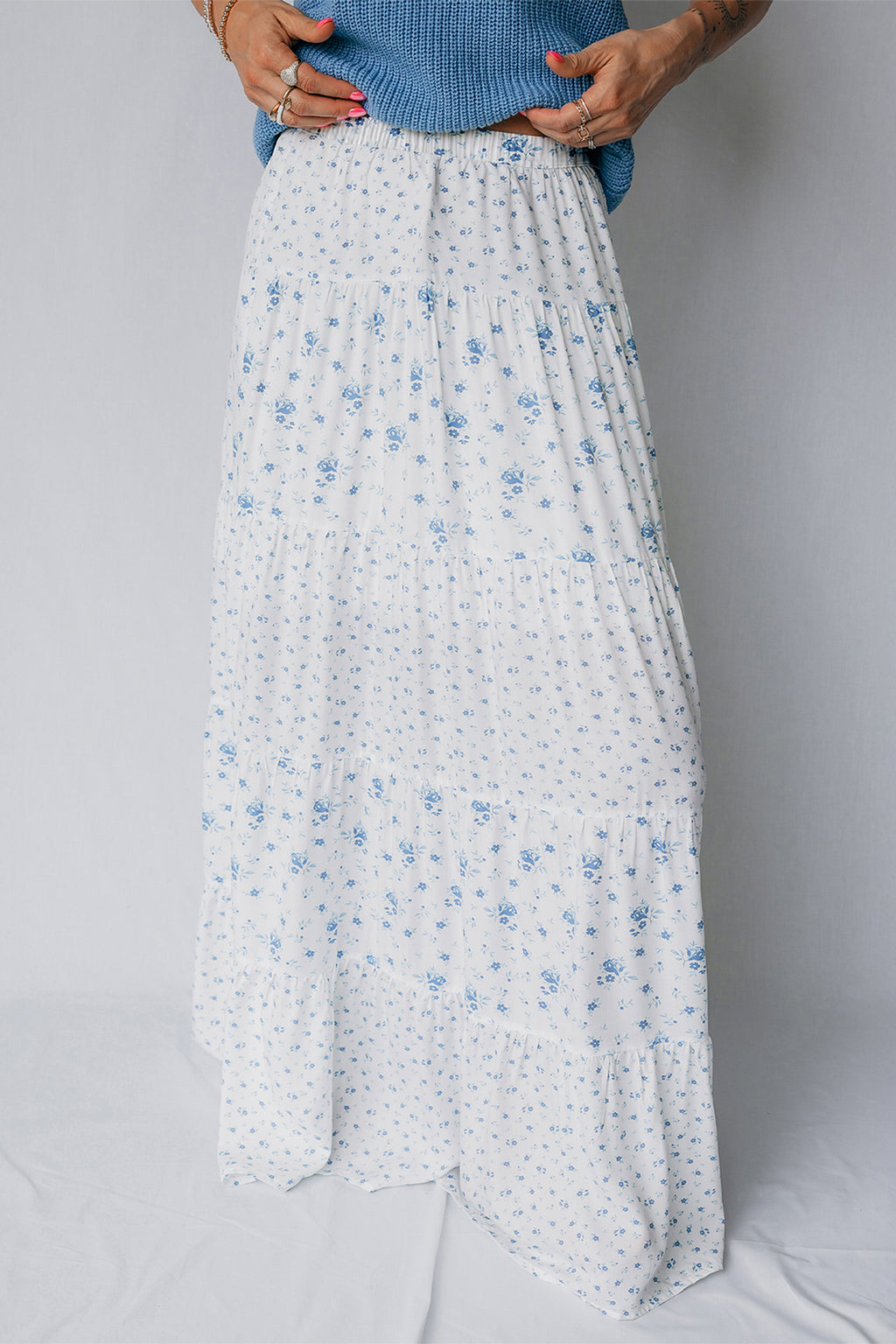 White & Blue Ditsy Floral Tiered Maxi Skirt