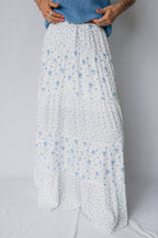 White & Blue Ditsy Floral Tiered Maxi Skirt