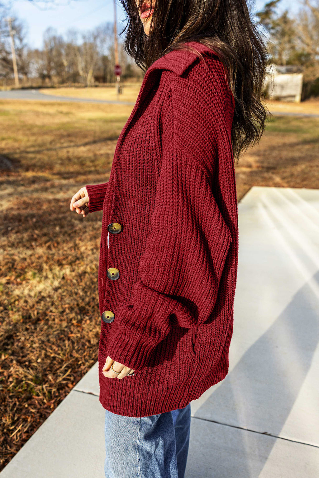 Cranberry Shawl Collar Button Front Cardigan