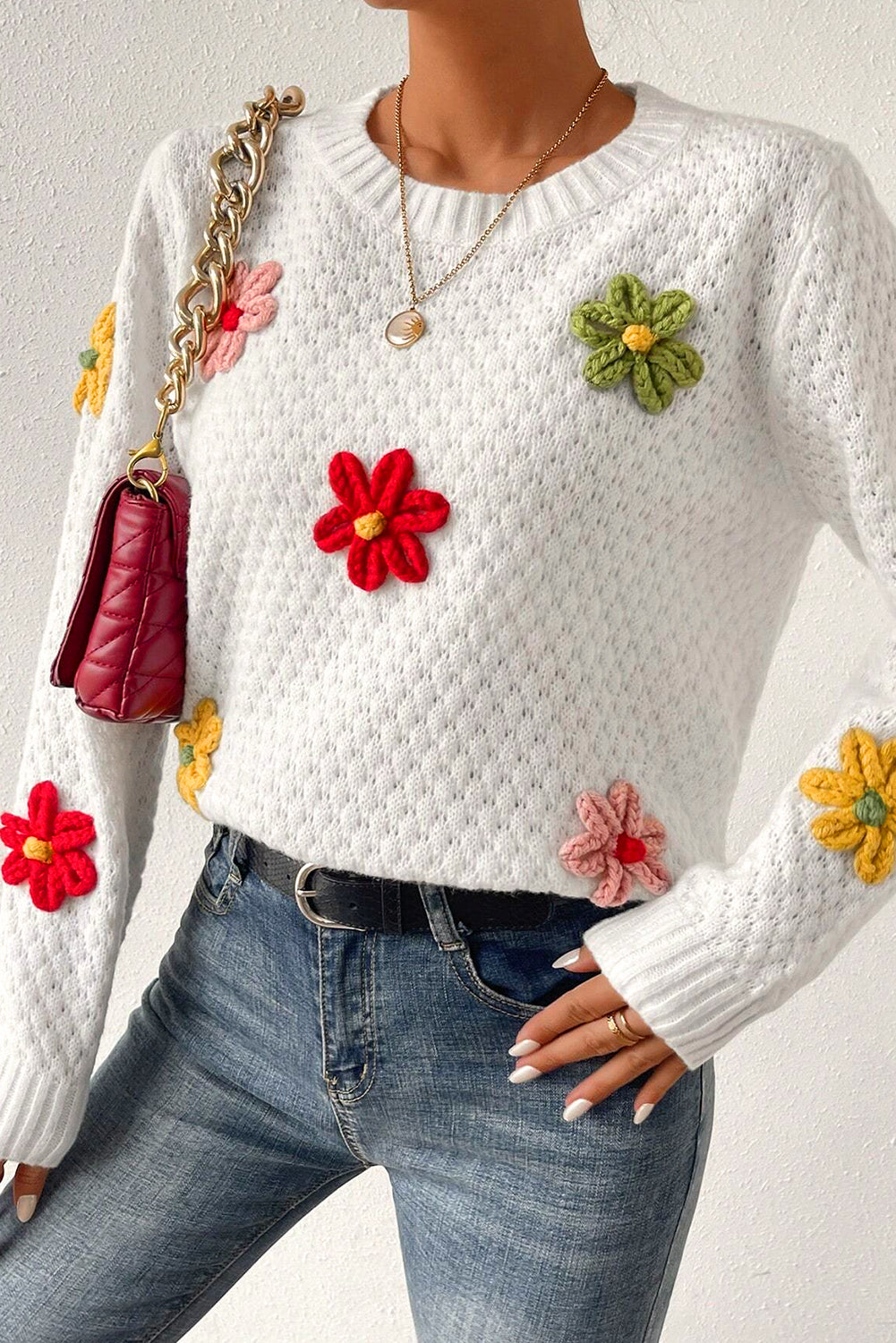 White Crochet Floral Applique Knit Sweater