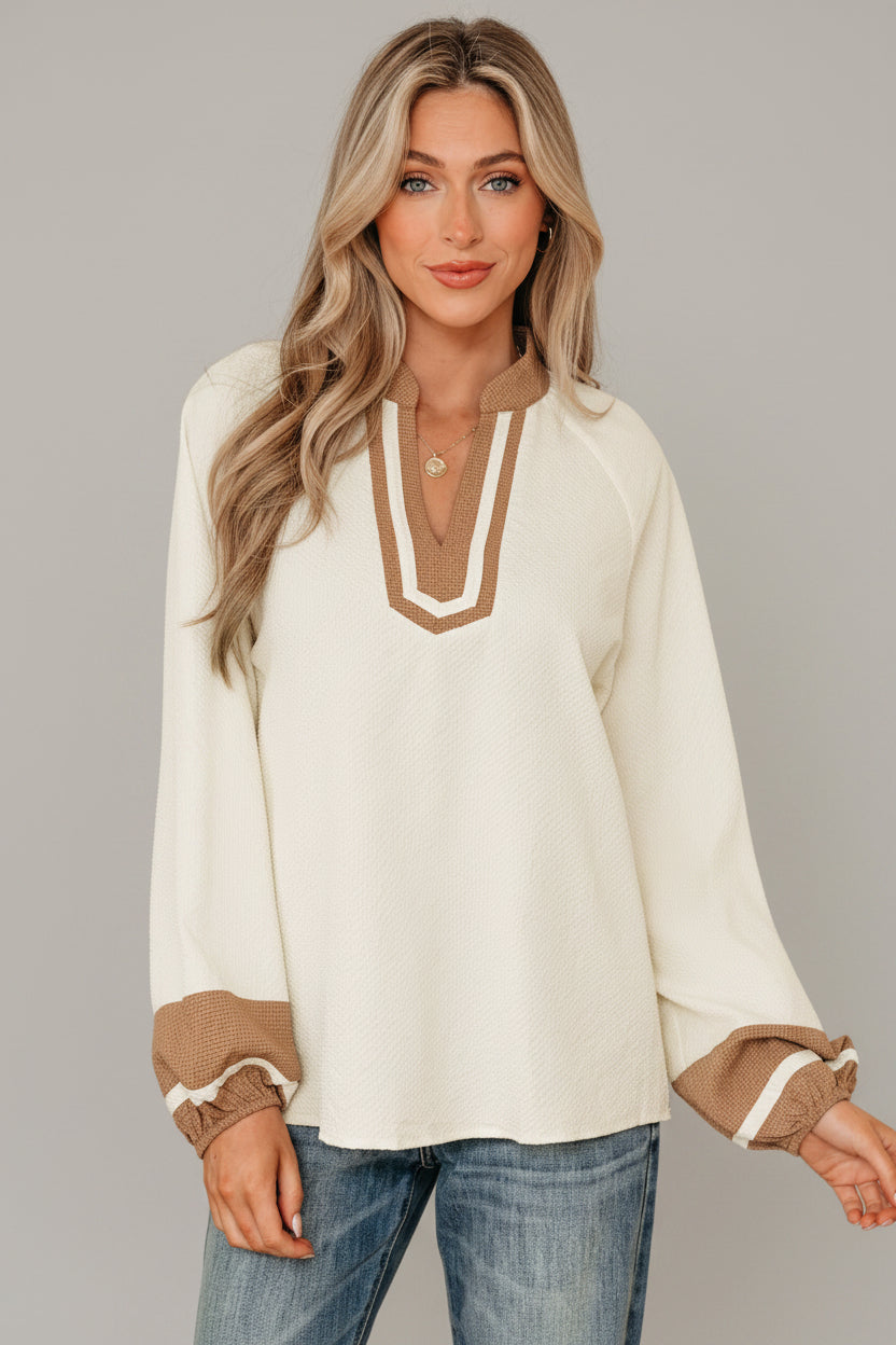 Cream Contrast Trim V-Neck Blouse