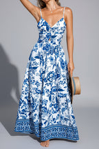 Blue and White Floral Knot Back Maxi Dress