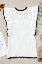 White Contrast Ruffle Trim Crochet Knit Vest