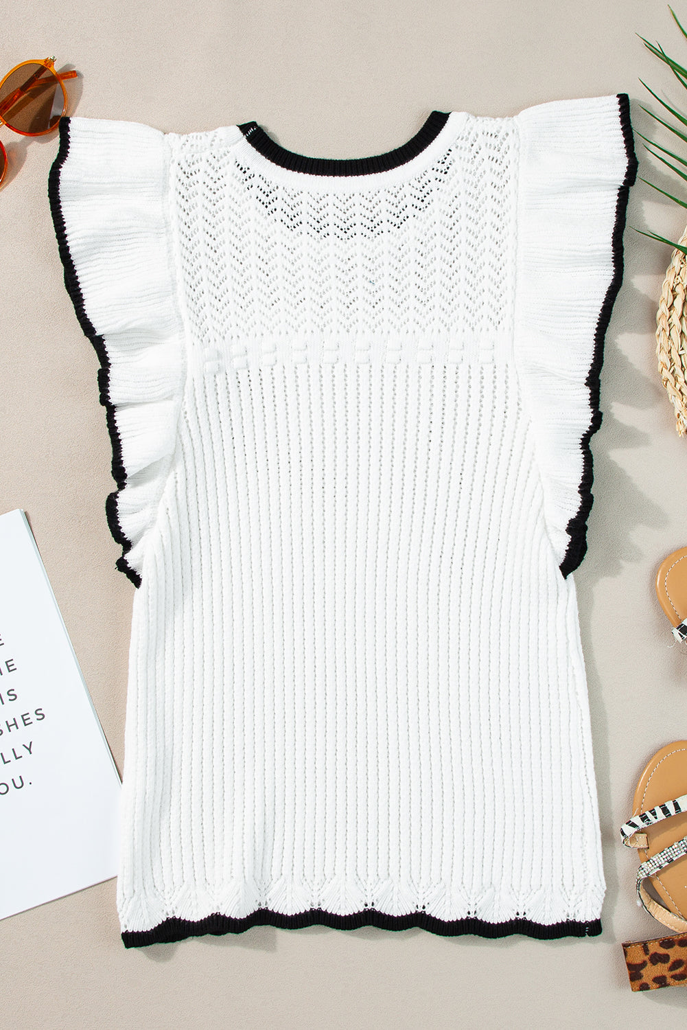 White Contrast Ruffle Trim Crochet Knit Vest